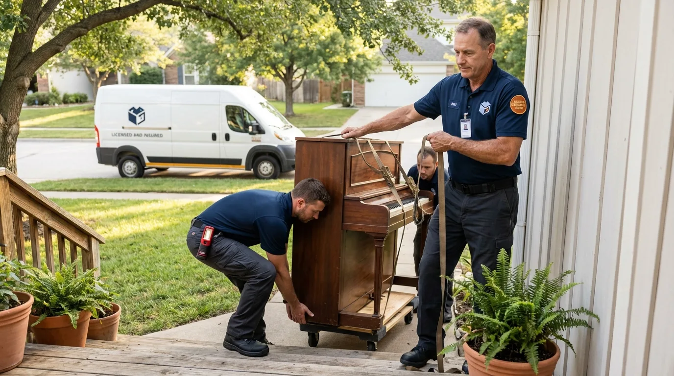 Licensed piano movers securing grand piano in Matthews, NC
