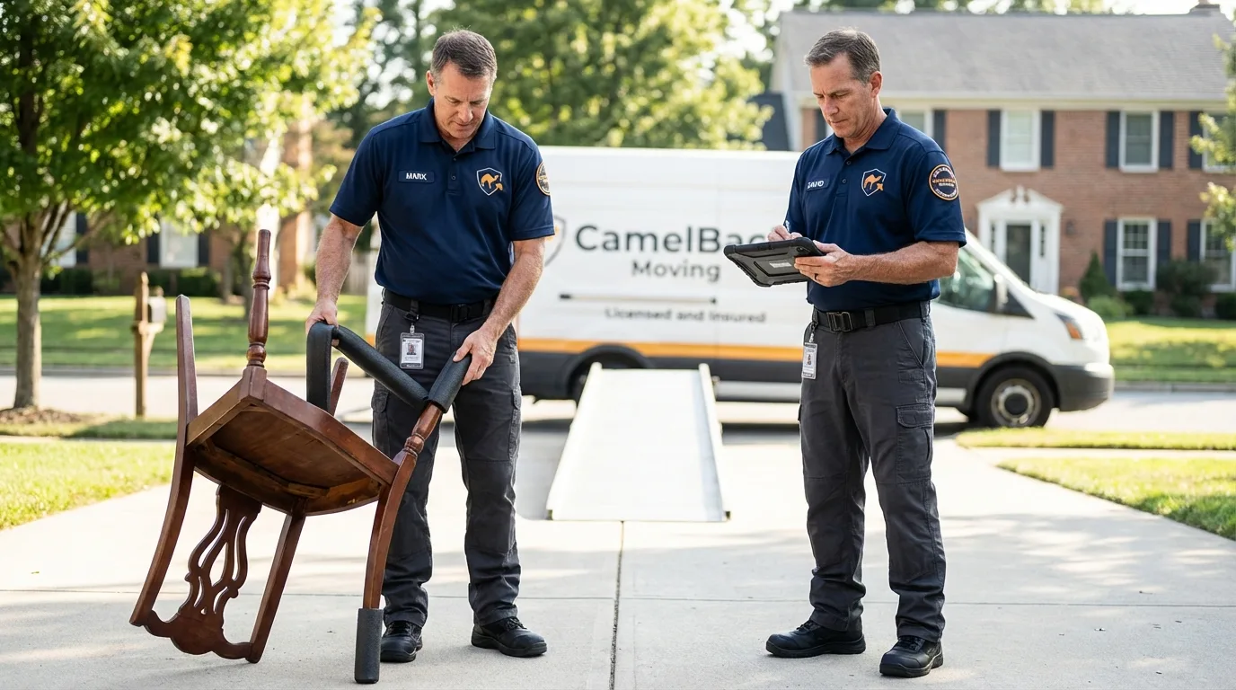 Movers inspecting furniture for damage prevention before loading in Matthews, NC